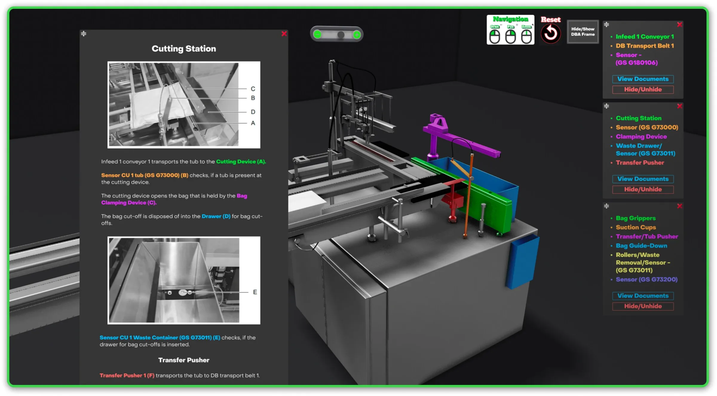 The interactive debagger trainer: a 3D machine with coloured parts and labelled part lists