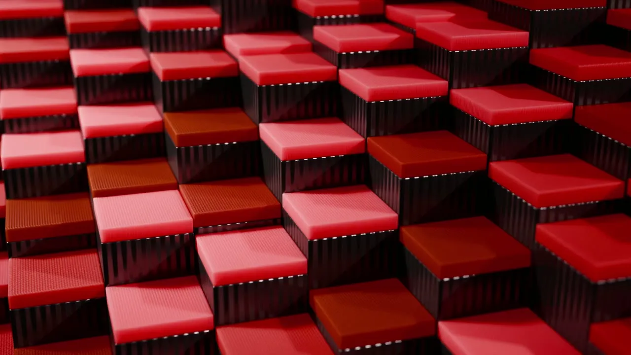 A field of glossy red tiles rising and falling, from a procedural animation