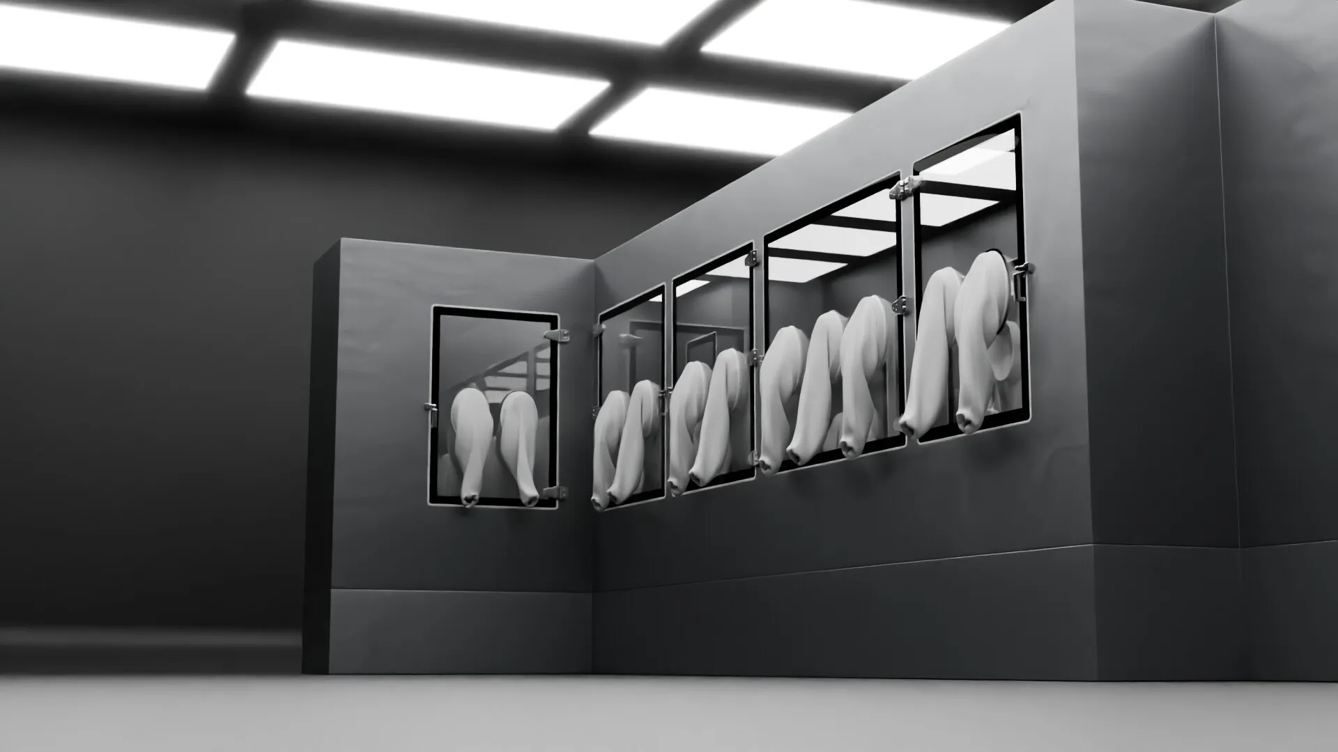 Render of an isolator wall with rows of glove ports and gloves hanging inside