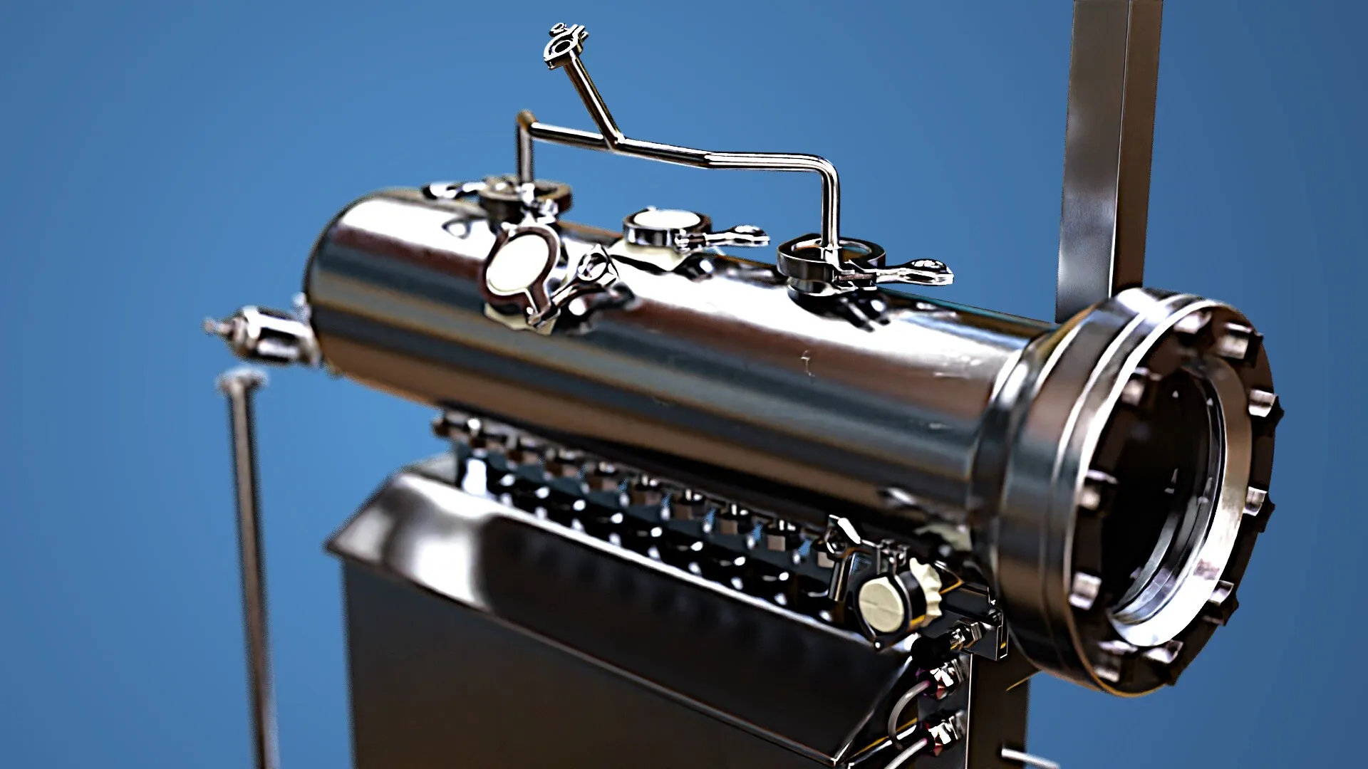 Render of a polished stainless product tank and filling manifold on a blue ground