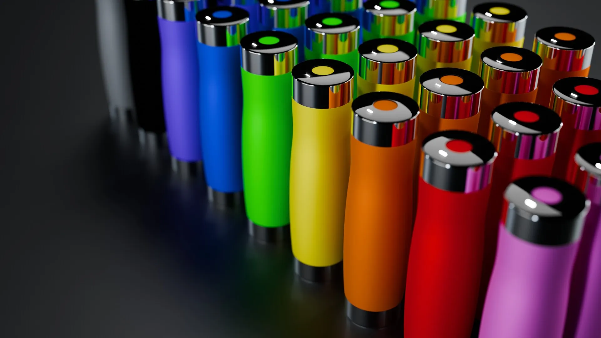 Rows of glossy bottles in rainbow colours with mirrored caps