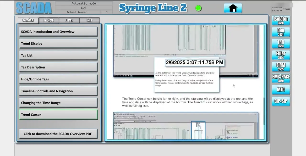 The SCADA training guide: a menu of topics beside an annotated trend display