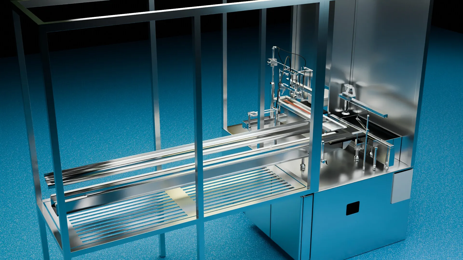 Render of a stainless debagging machine with conveyors and a white tub, lit in blue