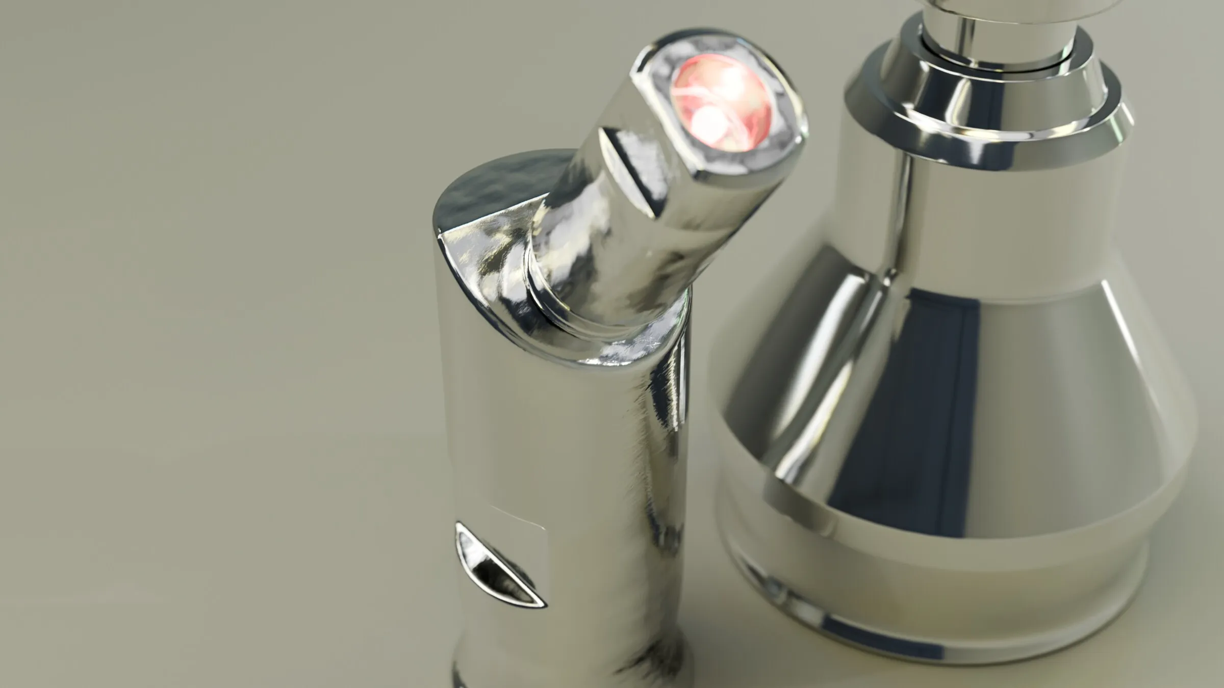 Close render of a polished sensor housing with a red indicator beside a conical steel part
