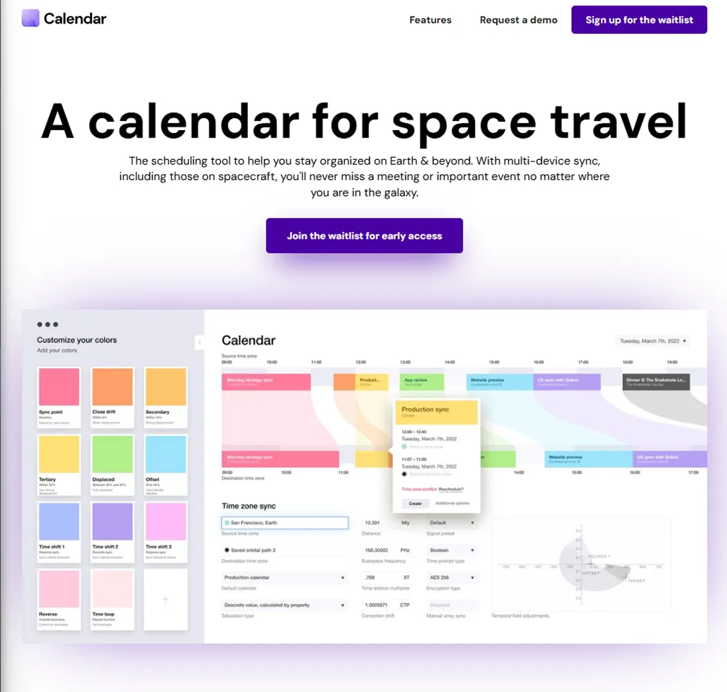 Concept landing page for a scheduling app for space travel